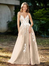 A-line V-neck Lace Up Tulle Gown Champagne