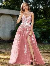 A-line V-neck Lace Up Tulle Gown Flamingo