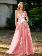 A-line V-neck Lace Up Tulle Gown Flamingo