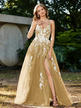 A-line V-neck Lace Up Tulle Gown Gold