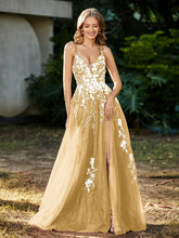A-line V-neck Lace Up Tulle Gown Gold