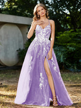 A-line V-neck Lace Up Tulle Gown Lilac