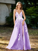 A-line V-neck Lace Up Tulle Gown Lilac