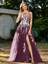 A-line V-neck Lace Up Tulle Gown Mulberry