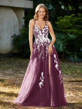 A-line V-neck Lace Up Tulle Gown Mulberry