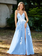 A-line V-neck Lace Up Tulle Gown Sky Blue