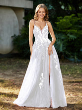 A-line V-neck Lace Up Tulle Gown White