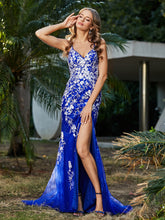Mermaid V-neck Lace Up Tulle Gown Royal Blue