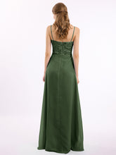 Long Spaghetti Straps Chiffon Dress with Lace Top Olive Green