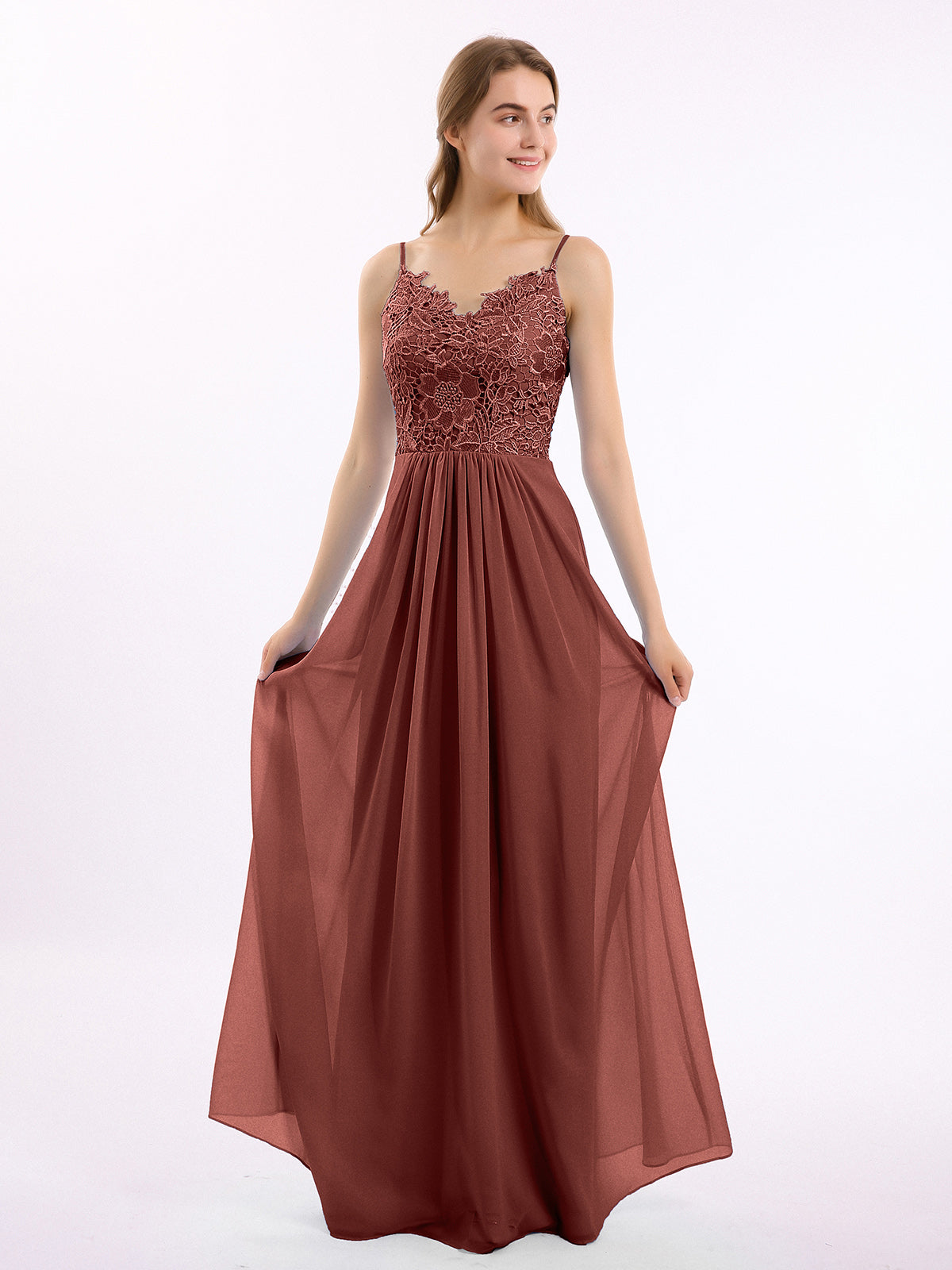 Long Spaghetti Straps Chiffon Dress with Lace Top Terracotta - Terracotta /  UK4