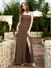 Square Neckline Long Lace Dress With Slit Brown