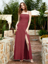 Square Neckline Long Lace Dress With Slit Burgundy