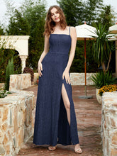 Square Neckline Long Lace Dress With Slit Dark Navy