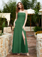 Square Neckline Long Lace Dress With Slit Emerald