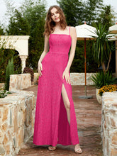 Square Neckline Long Lace Dress With Slit Fuchsia