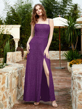 Square Neckline Long Lace Dress With Slit Grape