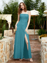 Square Neckline Long Lace Dress With Slit Jade