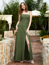 Square Neckline Long Lace Dress With Slit Olive Green