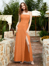 Square Neckline Long Lace Dress With Slit Orange