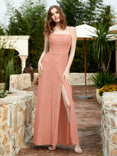 Square Neckline Long Lace Dress With Slit Papaya