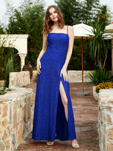 Square Neckline Long Lace Dress With Slit Royal Blue
