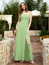 Square Neckline Long Lace Dress With Slit Sage