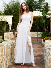 Square Neckline Long Lace Dress With Slit White