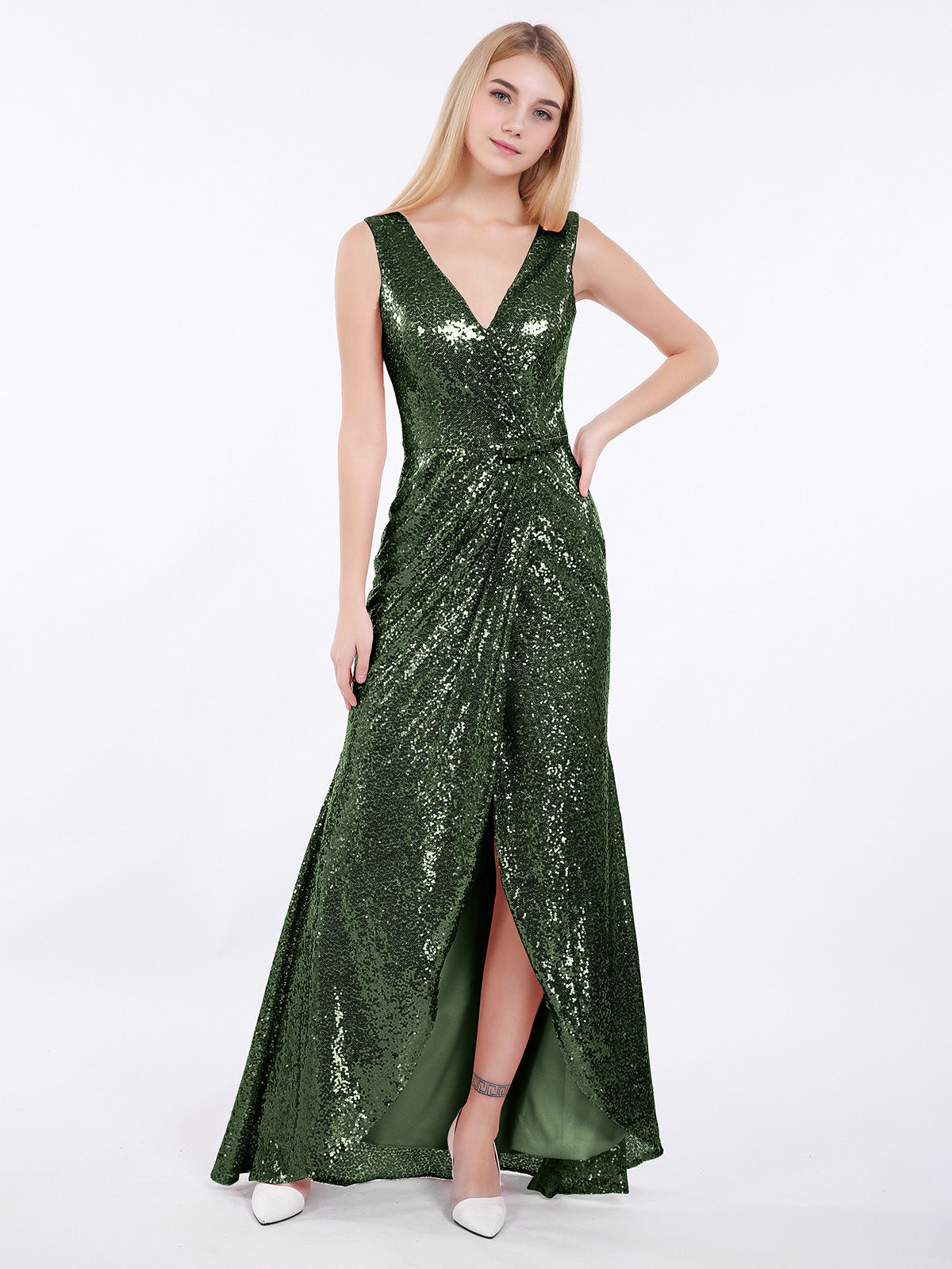 BABARONI Sequin Lace Olive Green Bridesmaid Dresses Sheath/Column V-neck Asymmetrical Sleeveless BABARONI UK BABARONI Sequin Lace Olive Green Bridesmaid Dresses Sheath/Column V-neck Asymmetrical Sleeveless BABARONI UK