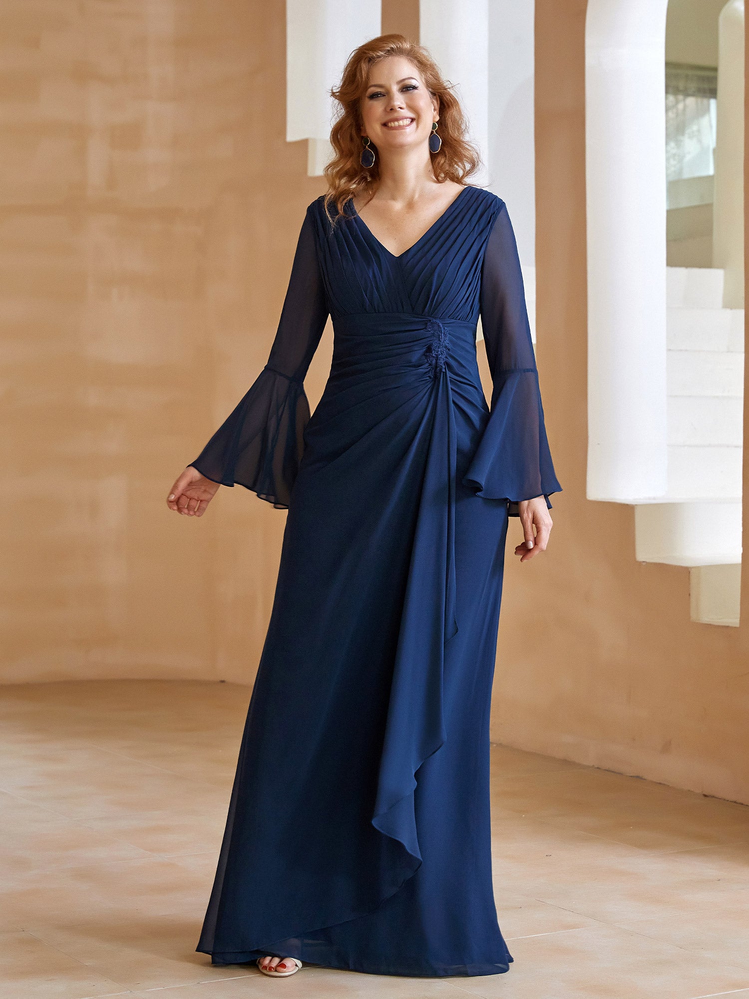 A line V Neck Long Sleeves Floor Length Chiffon Dress Dark Navy