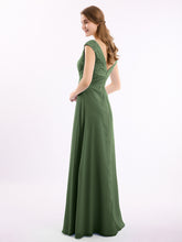 Long Lace Cap Sleeves Chiffon Gown with V Neck Olive Green
