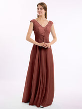 Long Lace Cap Sleeves Chiffon Gown with V Neck Terracotta
