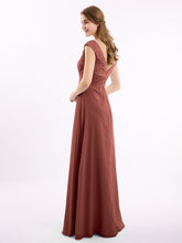 Long Lace Cap Sleeves Chiffon Gown with V Neck Terracotta