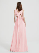 V-neck Chiffon Bridesmaid Dress with Bow Back Blushing Pink