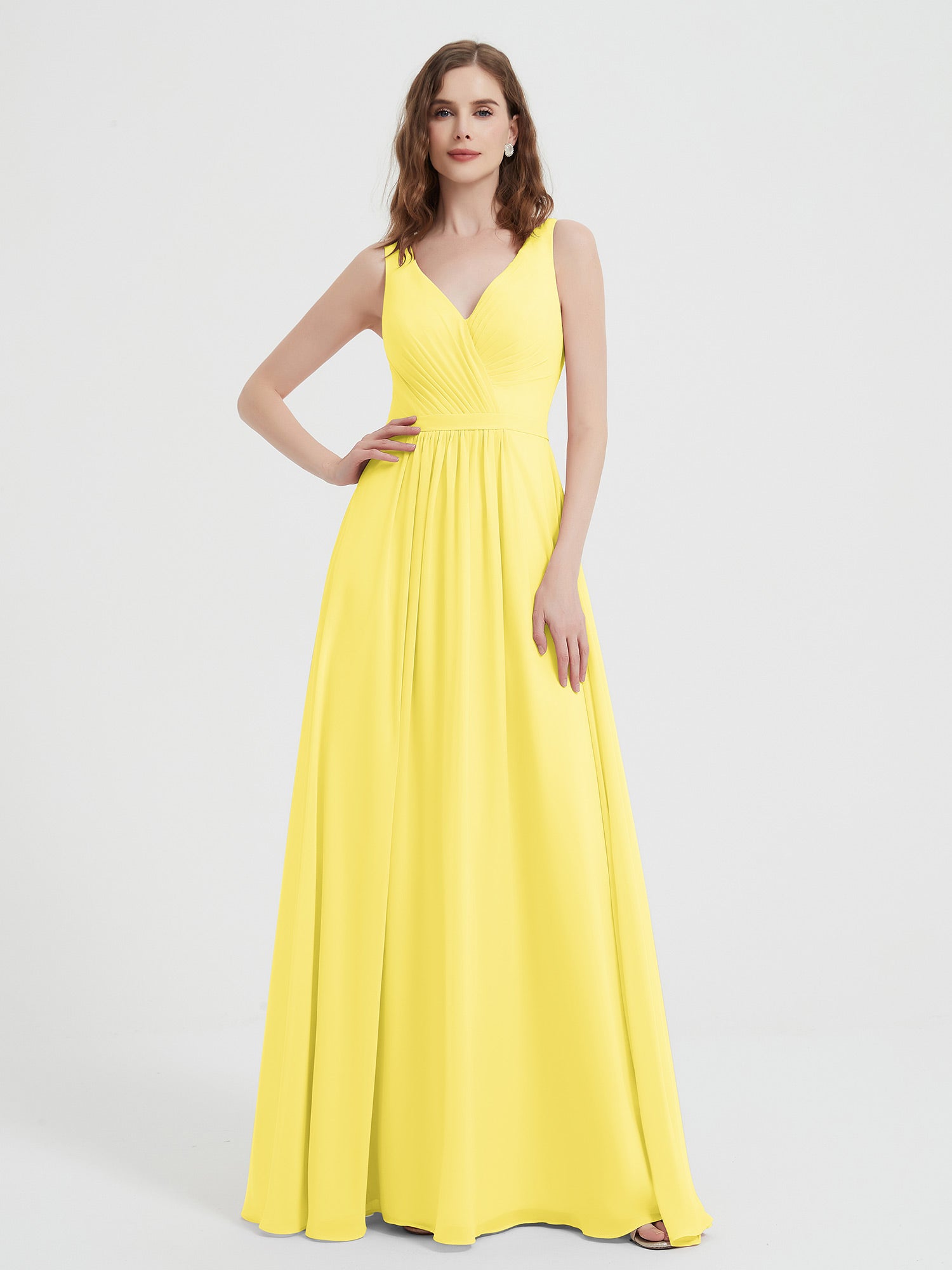 BABARONI Chiffon Lemon Bridesmaid Dresses A-line V-neck Sleeveless  Floor-length – BABARONI UK