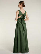 V-neck Chiffon Bridesmaid Dress with Bow Back Olive Green