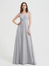 V-neck Chiffon Bridesmaid Dress with Bow Back Silver