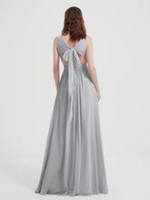 V-neck Chiffon Bridesmaid Dress with Bow Back Silver
