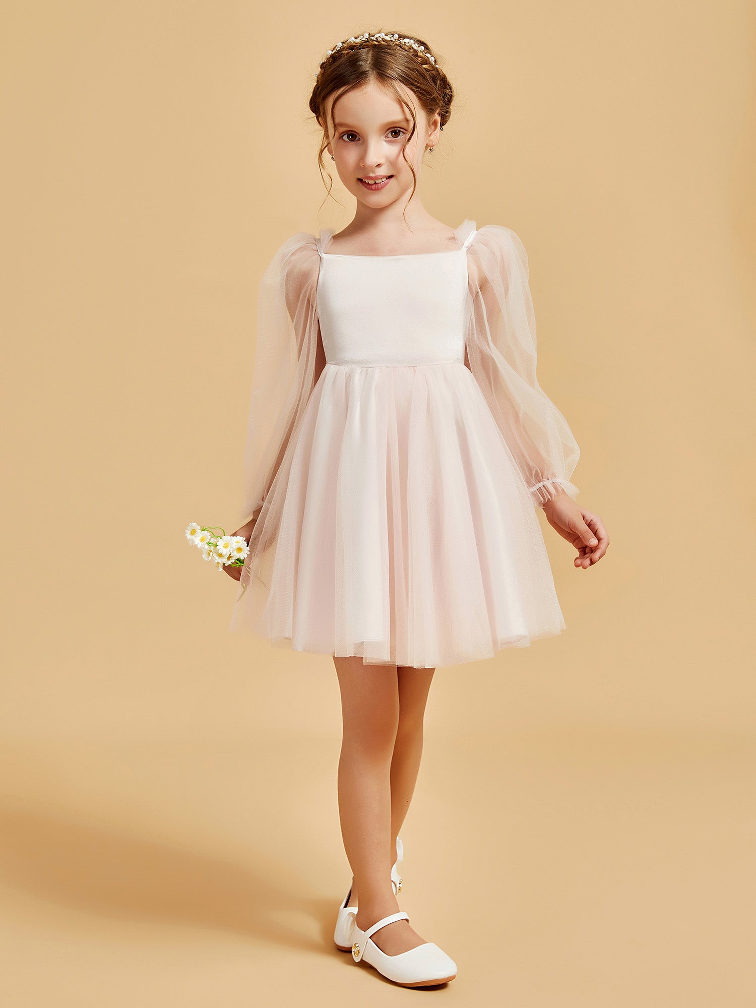 Square Neck Long Sleeve Tulle Short Dress Taupe