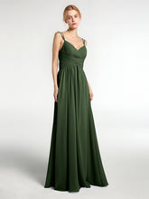 Double Straps Chiffon Long Bridesmaid Dress Olive Green