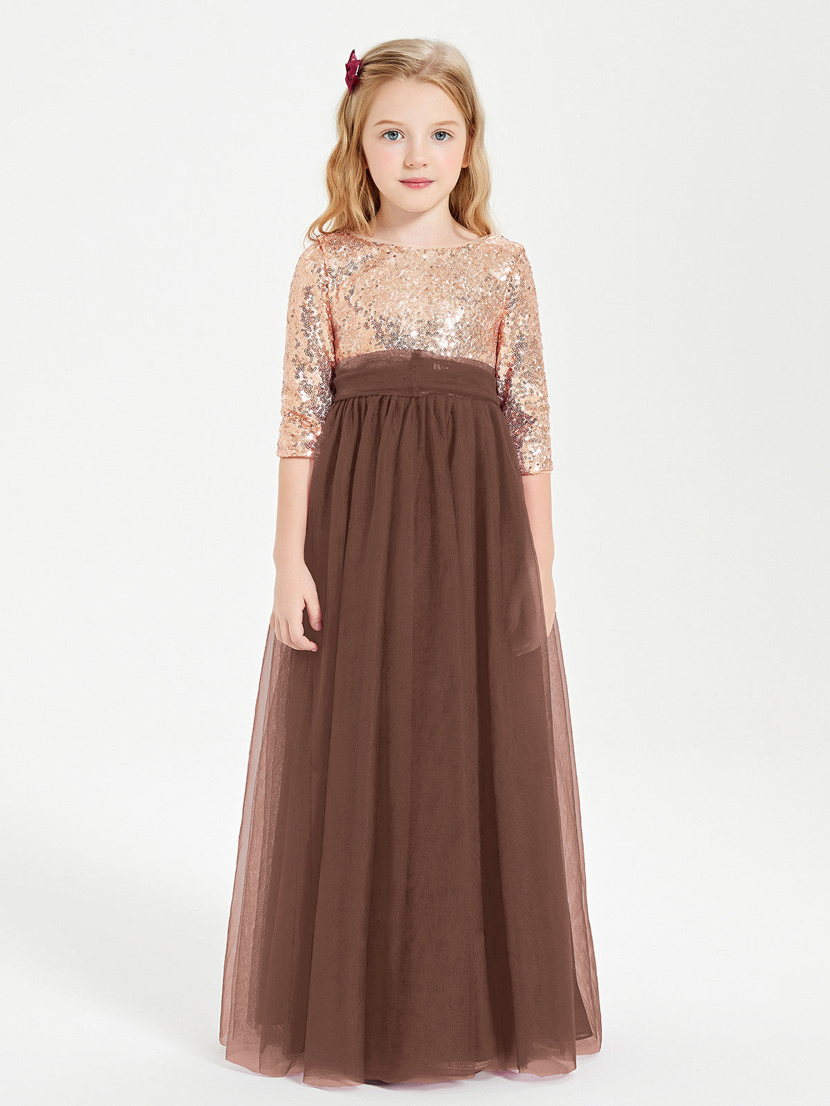 white christmas dresses BABARONI Tulle Chocolate Junior Bridesmaid Dresses A-line Scoop  Floor-length 3/4-Length Bow – BABARONI UK