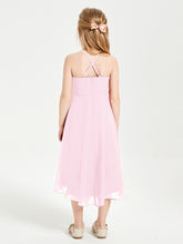 Tea Length Junior Bridesmaid Dresses with Asymmetrical Skirts Candy Pink