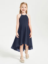 Tea Length Junior Bridesmaid Dresses with Asymmetrical Skirts Dark Navy