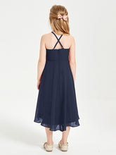 Tea Length Junior Bridesmaid Dresses with Asymmetrical Skirts Dark Navy