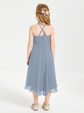 Tea Length Junior Bridesmaid Dresses with Asymmetrical Skirts Dusty Blue