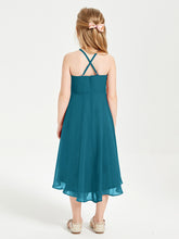 Tea Length Junior Bridesmaid Dresses with Asymmetrical Skirts Ink Blue