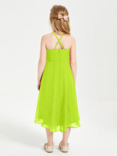 Tea Length Junior Bridesmaid Dresses with Asymmetrical Skirts Lime Green