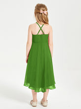 Tea Length Junior Bridesmaid Dresses with Asymmetrical Skirts Moss