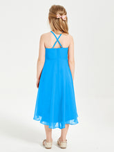 Tea Length Junior Bridesmaid Dresses with Asymmetrical Skirts Ocean Blue