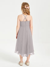 Tea Length Junior Bridesmaid Dresses with Asymmetrical Skirts Silver