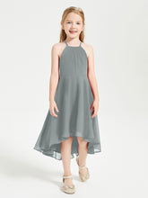 Tea Length Junior Bridesmaid Dresses with Asymmetrical Skirts Steel Grey